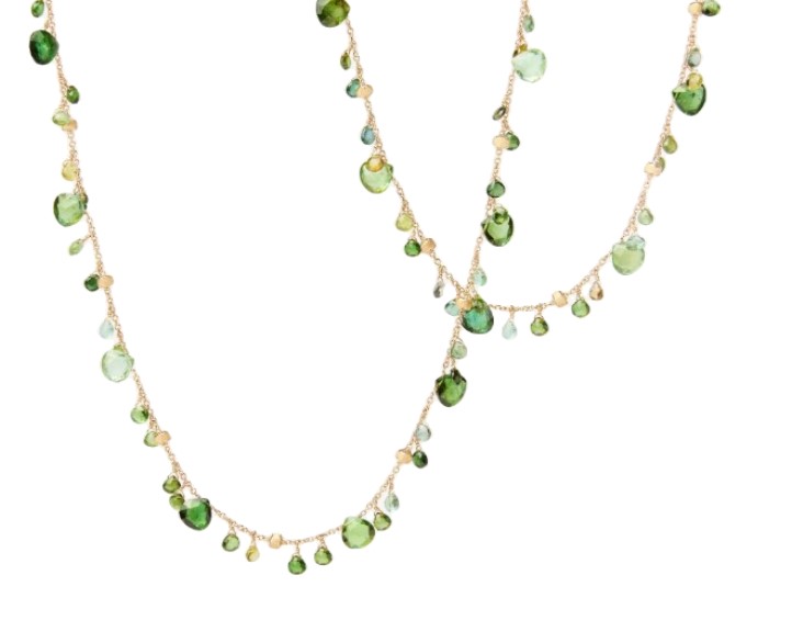 18Kt Yellow Gold Paradise Necklace With Green Tourmaline Dangles 36"