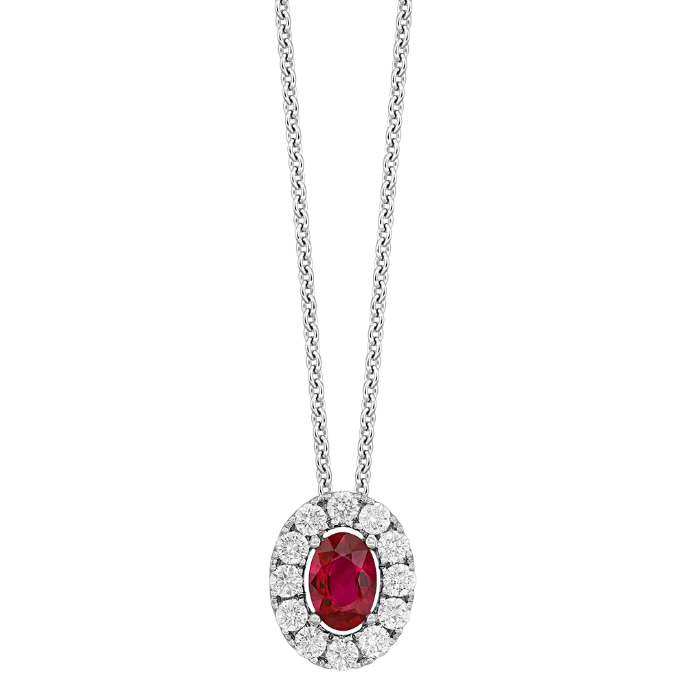 18Kt White Gold Halo Style Necklace With An Oval Ruby Weighing 0.55ct And (12) Round Diamonds Weighing 0.30ct
