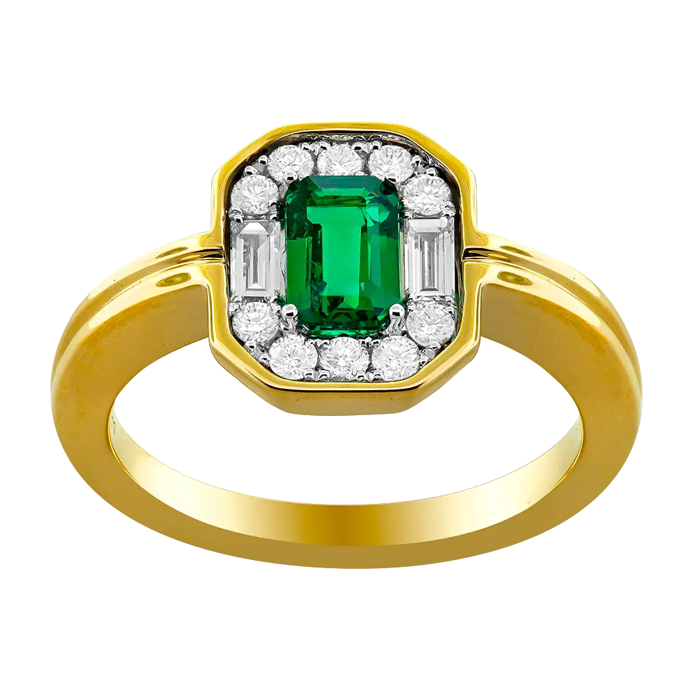 18Kt Two Toned Ring With An Emerald Cut Emerald Weighing 0.55ct, (2) Baguette, And (10) Round Diamonds Weighing 0.32ct