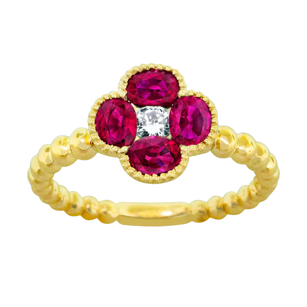 18Kt Yellow Gold Flower Ring With (4) Oval Rubies Weighing 1.40ct And (1) Round Diamond Weighing 0.12ct