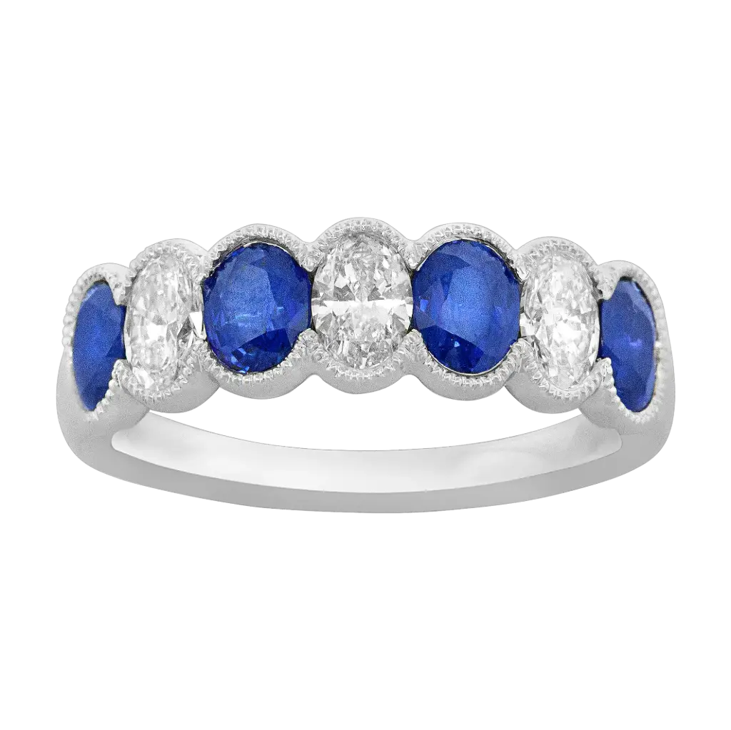 18Kt White Gold Milgrain Bezel Band With (4) Oval Sapphires Weighing 1.40ct And (3) Oval Diamonds Weighing 0.60ct