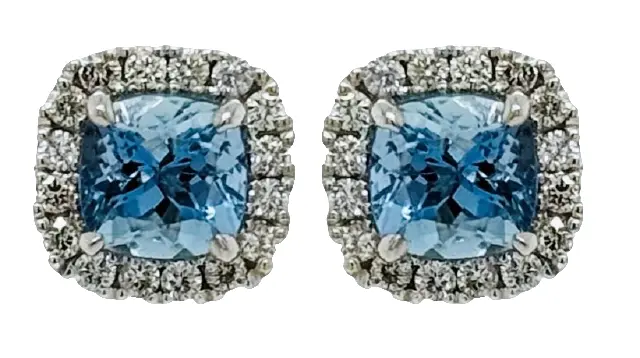14Kt White Gold Halo Style Earrings with (2) Cushion Cut Aquamarines Weighing 2.10ct And (32) Round Diamonds Weighing 0.47ct