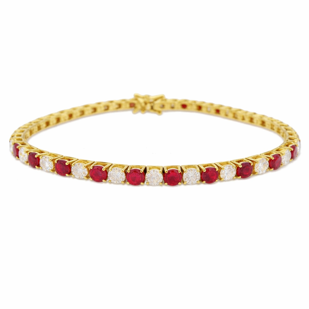[14073] 18Kt Yellow Gold Line Bracelet With (27) Round Rubies Weighing 3.87ct And (27) Round Diamonds Weighing 3.26ct