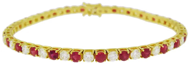 18Kt Yellow Gold Line Bracelet With (27) Round Rubies Weighing 3.87ct And (27) Round Diamonds Weighing 3.26ct