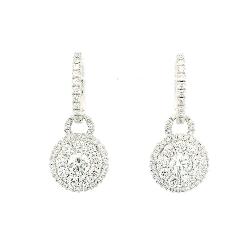 Halo Style Dangle Earrings With (114) Round Diamonds Weighing 1.29cttw In 18Kt White Gold