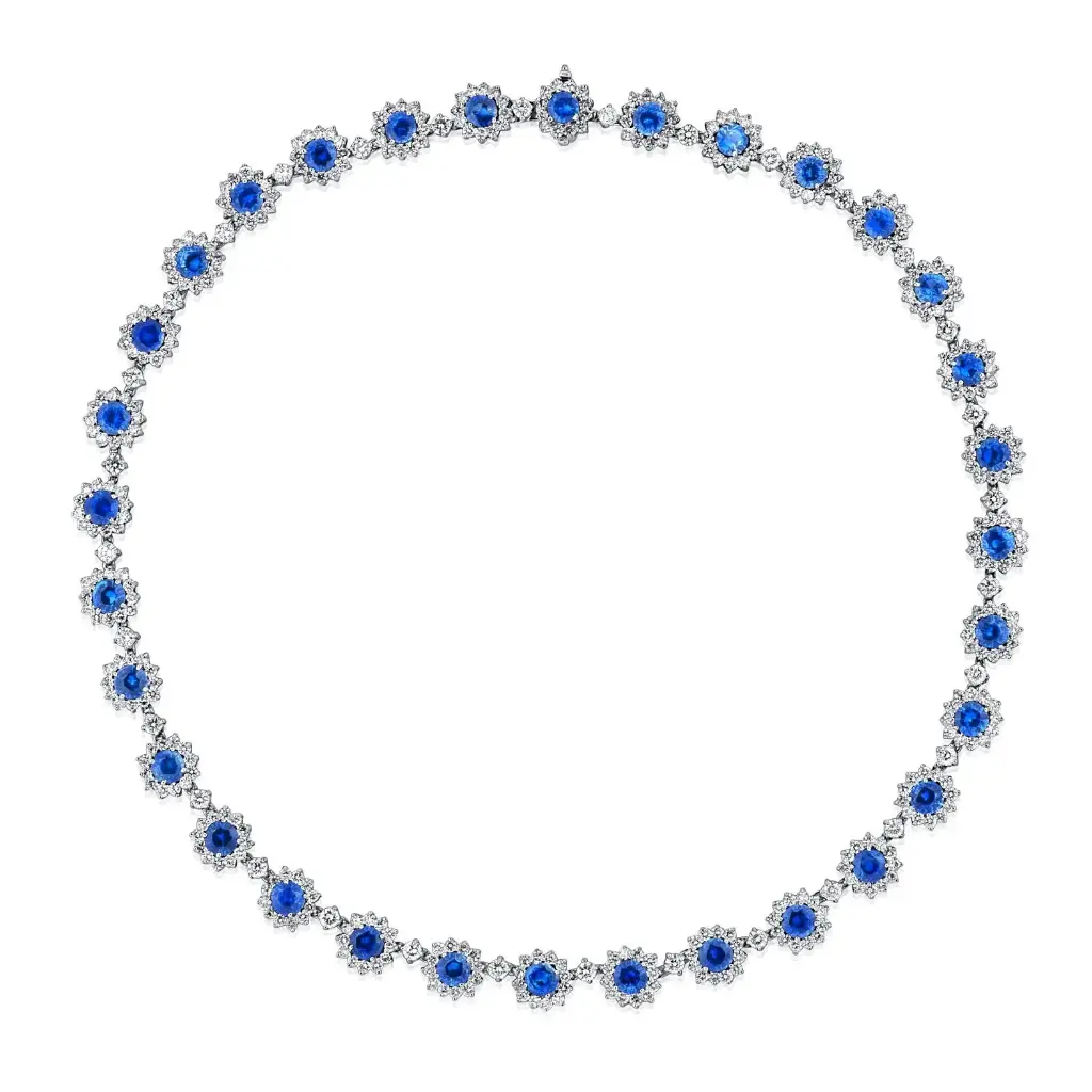 18Kt White Gold Halo Style Necklace With (32) Round Sapphires Weighing 19.96ct And (416) Round Diamonds Weighing 13.38ct