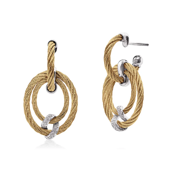 14Kt White Gold Yellow Nautical Cable Oval Drop Earrings With (16) Round Diamonds Weighing 0.13cttw