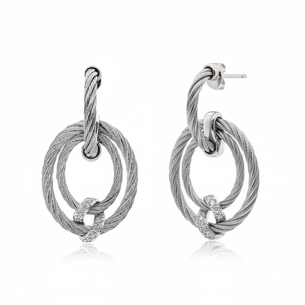 14Kt White Gold Grey Nautical Cable Oval Drop Diamond Earrings 0.13cttw