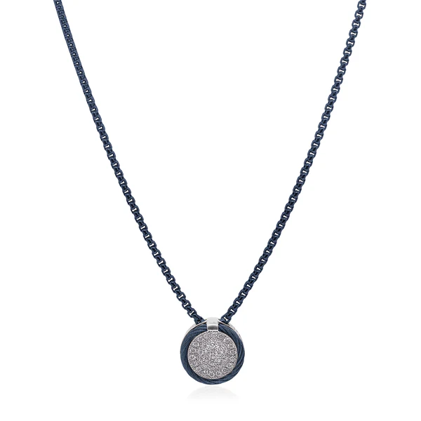 14Kt White Gold Blueberry Nautical Cable Necklace With A Pave Disc Of Round Diamonds Weighing 0.18cttw