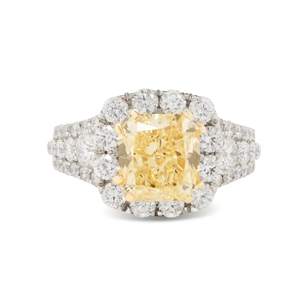 Halo Style Ring With A Radiant Cut Diamond Weighing 3.02ct FLY/VS1 And (46) Round Diamonds Weighing 1.68ct In 18Kt White Gold