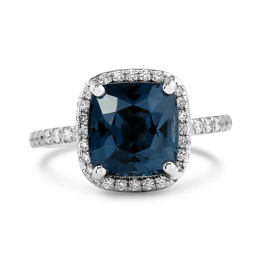 Halo Style Ring With A Cushion Cut Purple Spinel Weighing 3.03ct And (74) Round Diamonds Weighing 0.60ct In Platinum