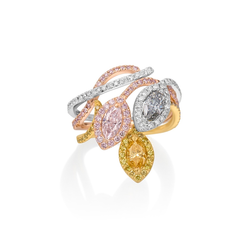 Floral Diamond Ring With (3) Marquise Diamonds Weighing 0.87ct And Round Diamonds Weighing 1.00ct In 18Kt Tri-Gold