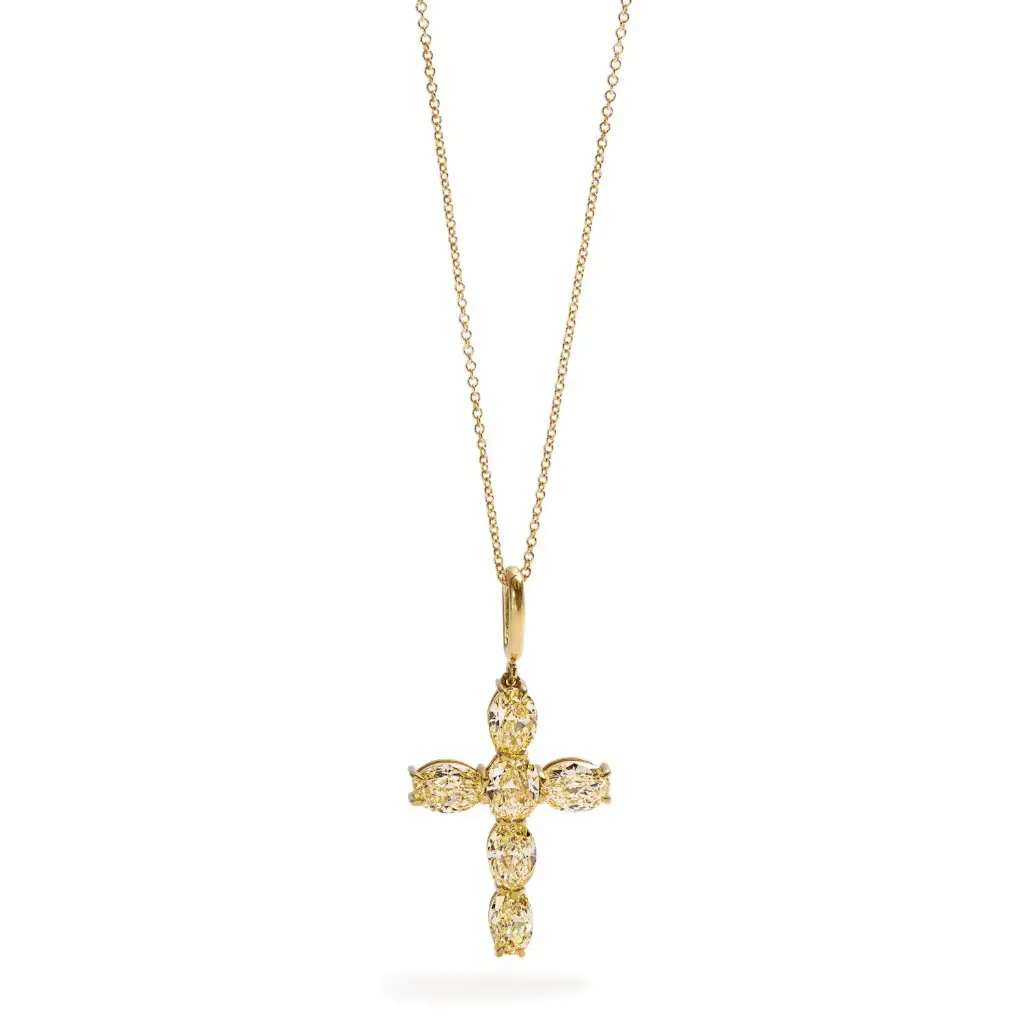 Diamond Cross Necklace With (6) Fancy Yellow Ovals Weighing 3.29cttw In 18Kt Yellow Gold