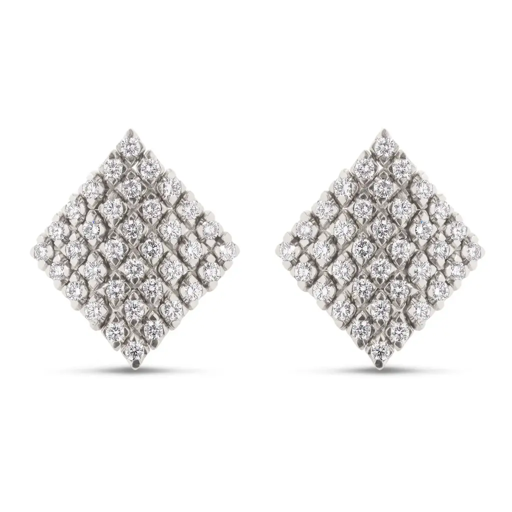 Diamond Shaped Stud Earrings With (74) Round Diamonds Weighing 5.12cttw In 18Kt White Gold