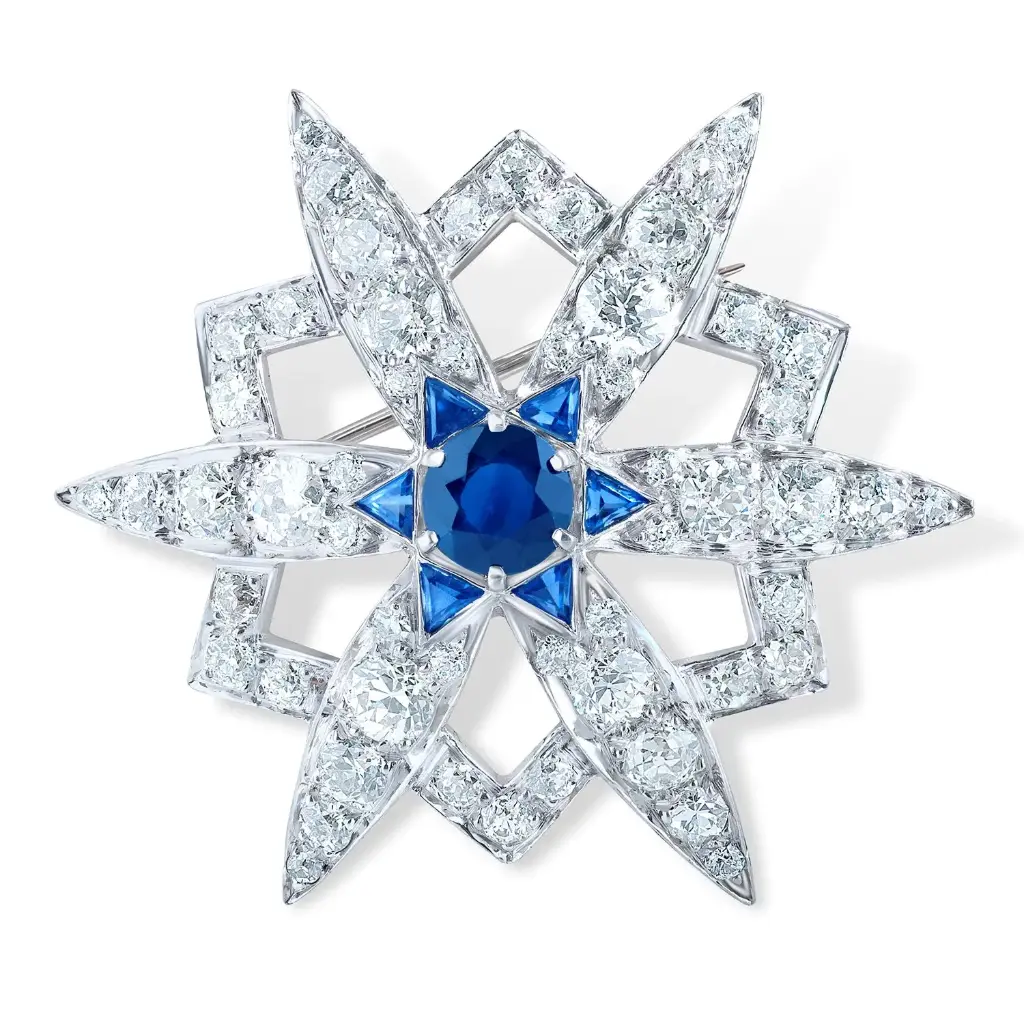 Floral Pin With (1) Round Sapphire Weighing 1.20ct And (54) Old European Cut Diamonds Weighing 5.25ct In 14Kt Yellow Gold And Platinum