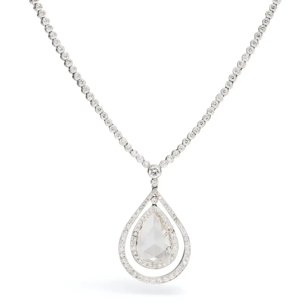 Diamond Pendant Necklace With A Rose Cut Pear Shaped Diamond Weighing 2.30ct, A Rose Cut Oval Diamond Weighing 0.25ct, And Round Diamonds Weighing 3.00ct In Platinum