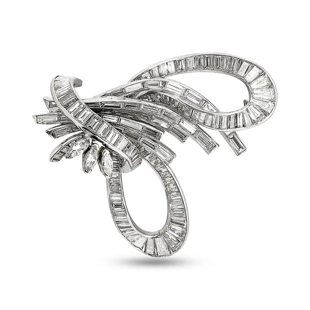 Floral Pin With (119) Baguette Diamonds Weighing 7.50ct And (3) Marquise Diamonds Weighing 0.25ct In Platinum And 14Kt White Gold