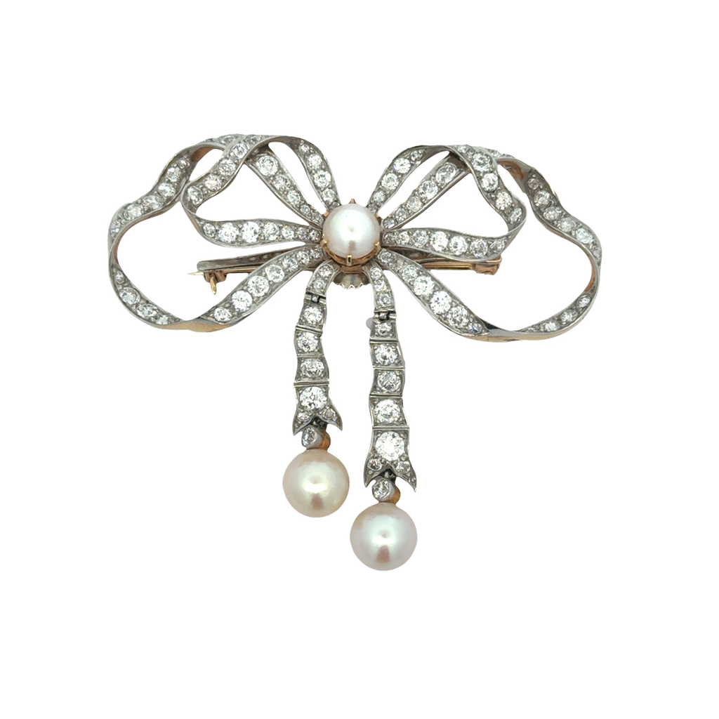 Bow Pin With Old European Cut Diamonds Weighing 5.00cttw And (2) 8.5mm Pearls In Platinum on Yellow Gold