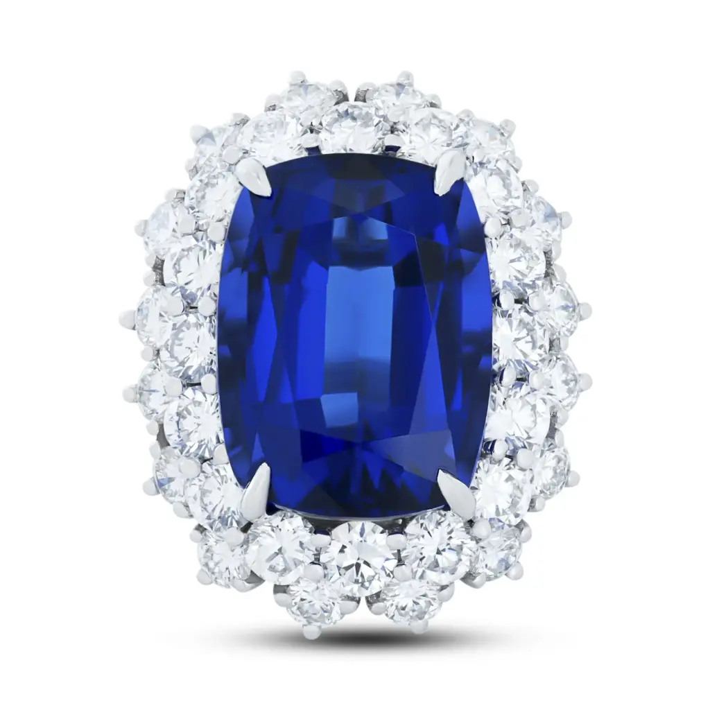 Halo Style Ring With An Elongated Cushion Cut Tanzanite Weighing 19.90ct And (32) Round Diamonds Weighing 4.93ct In Platinum