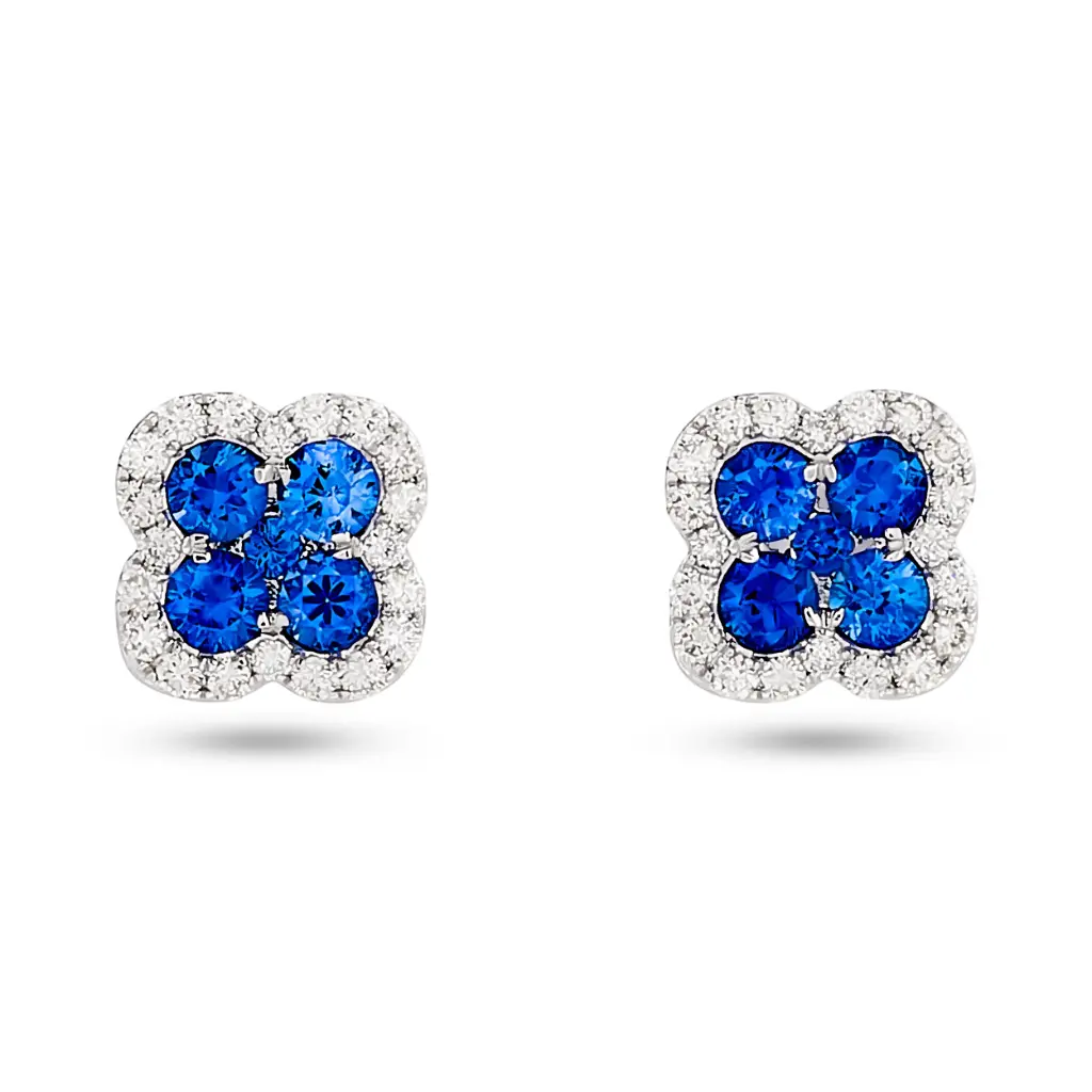 Clover Stud Earrings With (10) Round Sapphires Weighing 0.93ct And (40) Round Diamonds Weighing 0.38ct In 14Kt White Gold