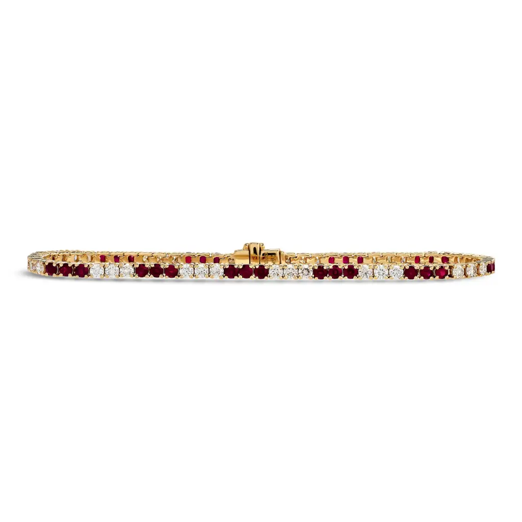 Alternating Line Bracelet With (330 Round Rubies Weighing 2.03ct And (36) Round Diamonds Weighing 1.83ct In 14Kt Yellow Gold