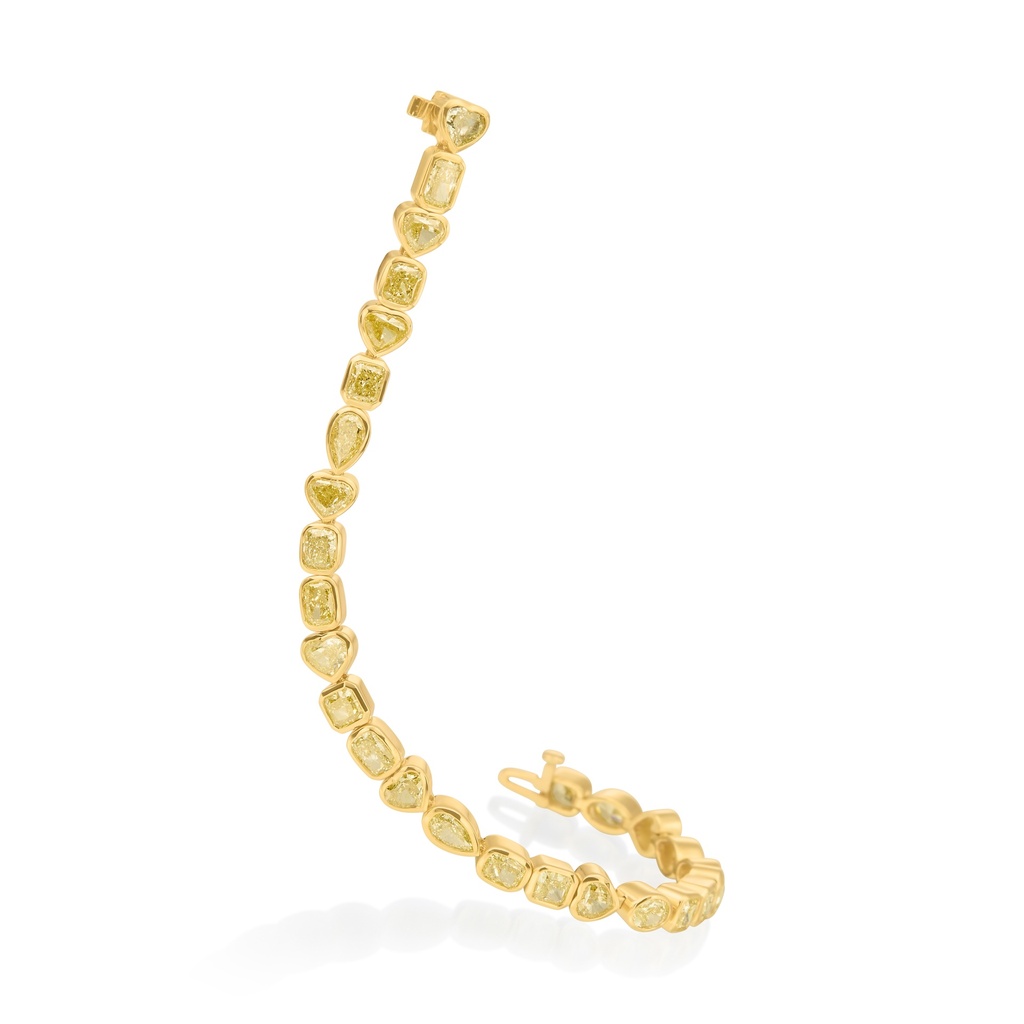Bezel Set Mixed Shaped Line Bracelet With (27) Yellow Diamonds Weighing 14.26cttw In 18Kt Yellow Gold