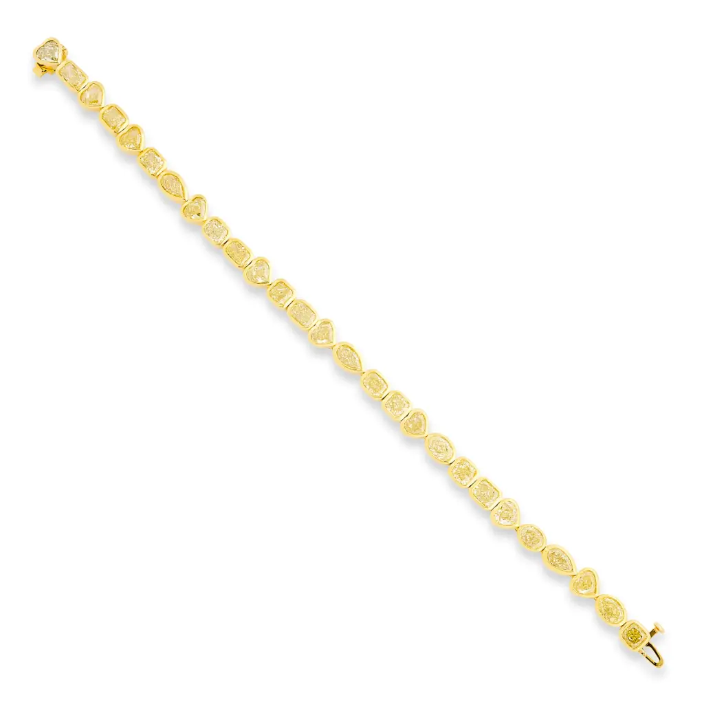 Bezel Set Mixed Shaped Line Bracelet With (27) Yellow Diamonds Weighing 14.26cttw In 18Kt Yellow Gold