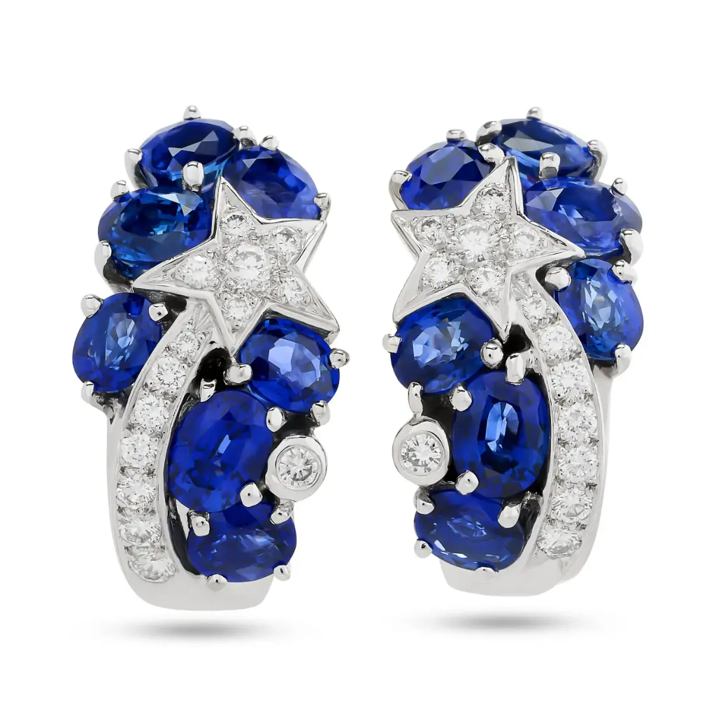 Comet Earrings With (14) Oval Sapphires Weighing 7.00ct And (28) Round Diamonds Weighing 0.50ct In 18Kt White Gold