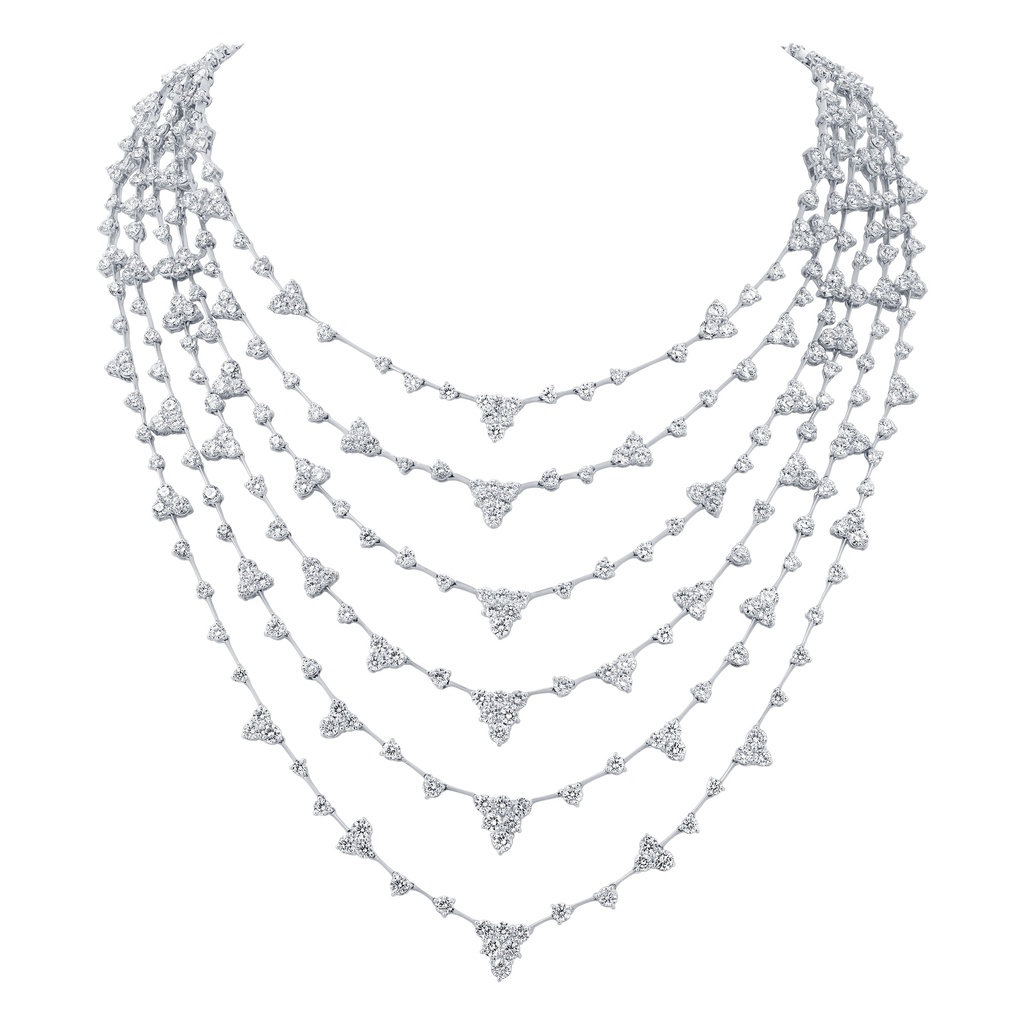 Multi Strand Cluster Necklace With (388) Round Diamonds Weighing 35.00cttw In 18Kt White Gold