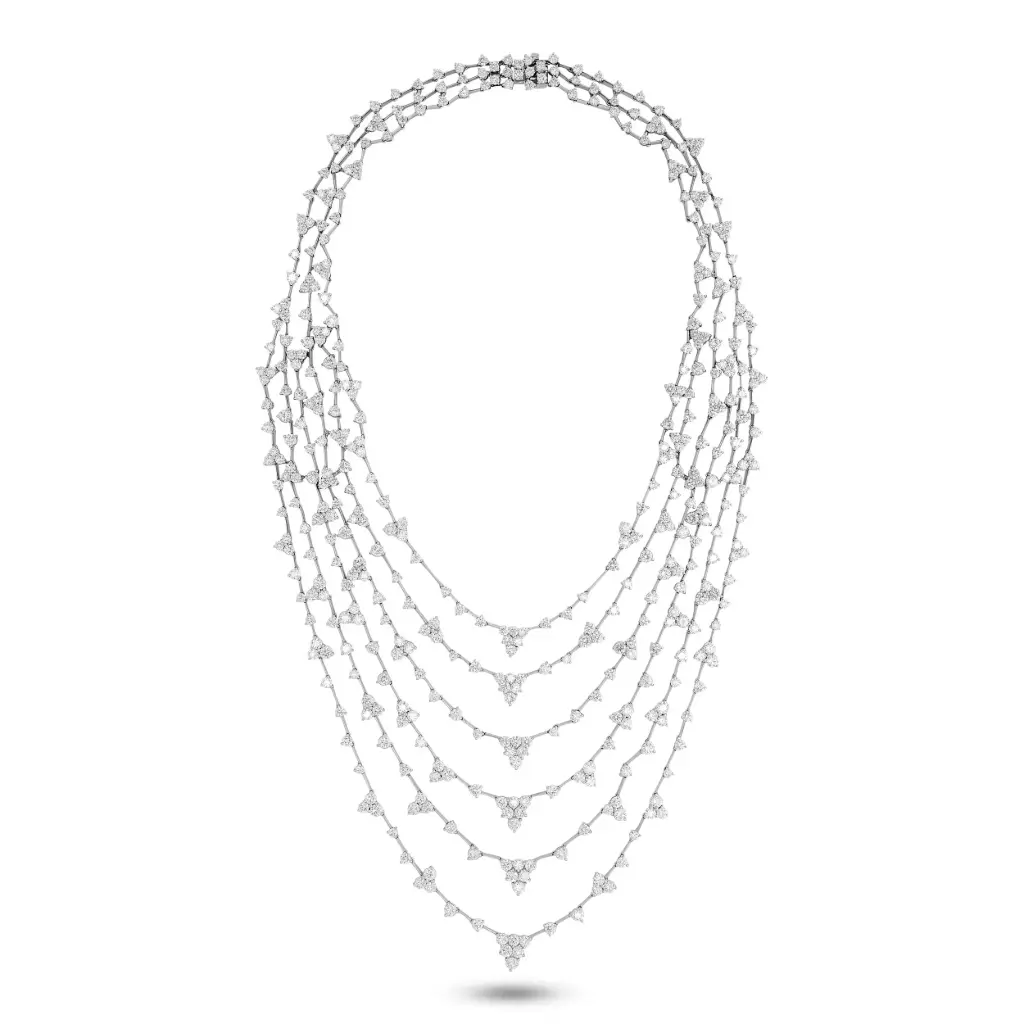 Multi Strand Cluster Necklace With (388) Round Diamonds Weighing 35.00cttw In 18Kt White Gold