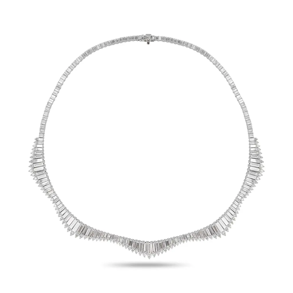 Scallop Necklace With (240) Baguette Diamonds Weighing 16.96ct And (97) Round Diamonds Weighing 3.35ct In 14Kt White Gold
