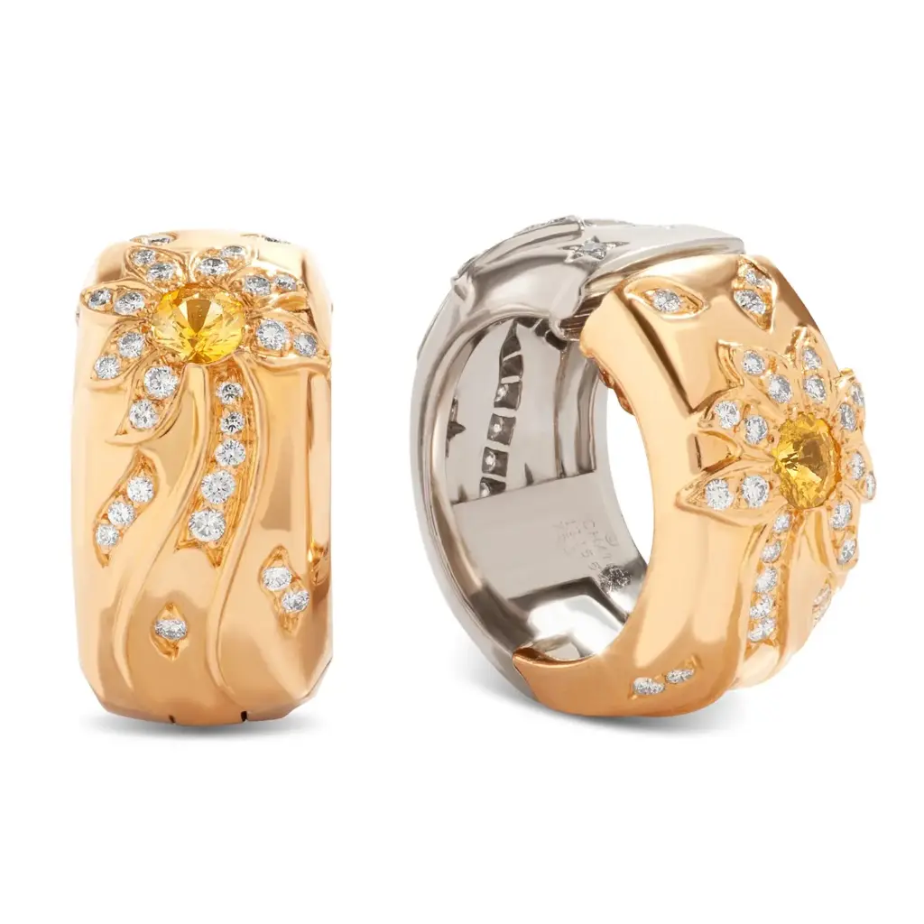 Hoop Earrings With (2) Blue Sapphires Weighing 0.92ct, (2) Yellow Sapphires Weighing 0.70ct, And (104) Round Diamonds Weighing 1.30ct In 18Kt White And Yellow Gold