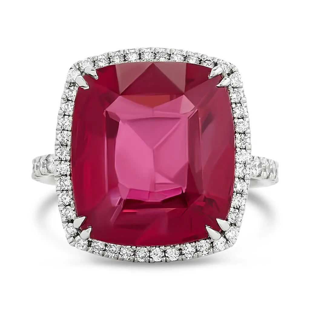 Halo Style Ring With A Red Spinel Weighing 14.36ct And (90) Round Diamonds Weighing 0.73ct In 18Kt White