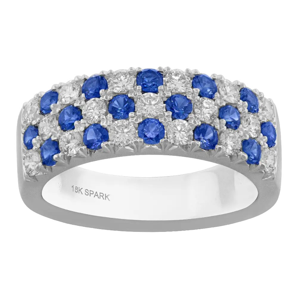 Three Row Band With (42) Round Sapphires Weighing 2.10ct And (42) Round Diamonds Weighing 1.68ct In 18Kt White Gold Sz6.75