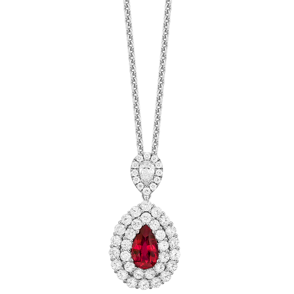 Halo Style Necklace With A Pear Shaped Ruby Weighing 1.50ct, A Pear Shaped And (43) Round Diamonds Weighing 1.85ct In 18Kt White Gold