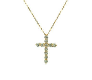 14Kt Yellow Gold Cross Necklace With (11) Round Diamonds Weighing 1.75cttw 