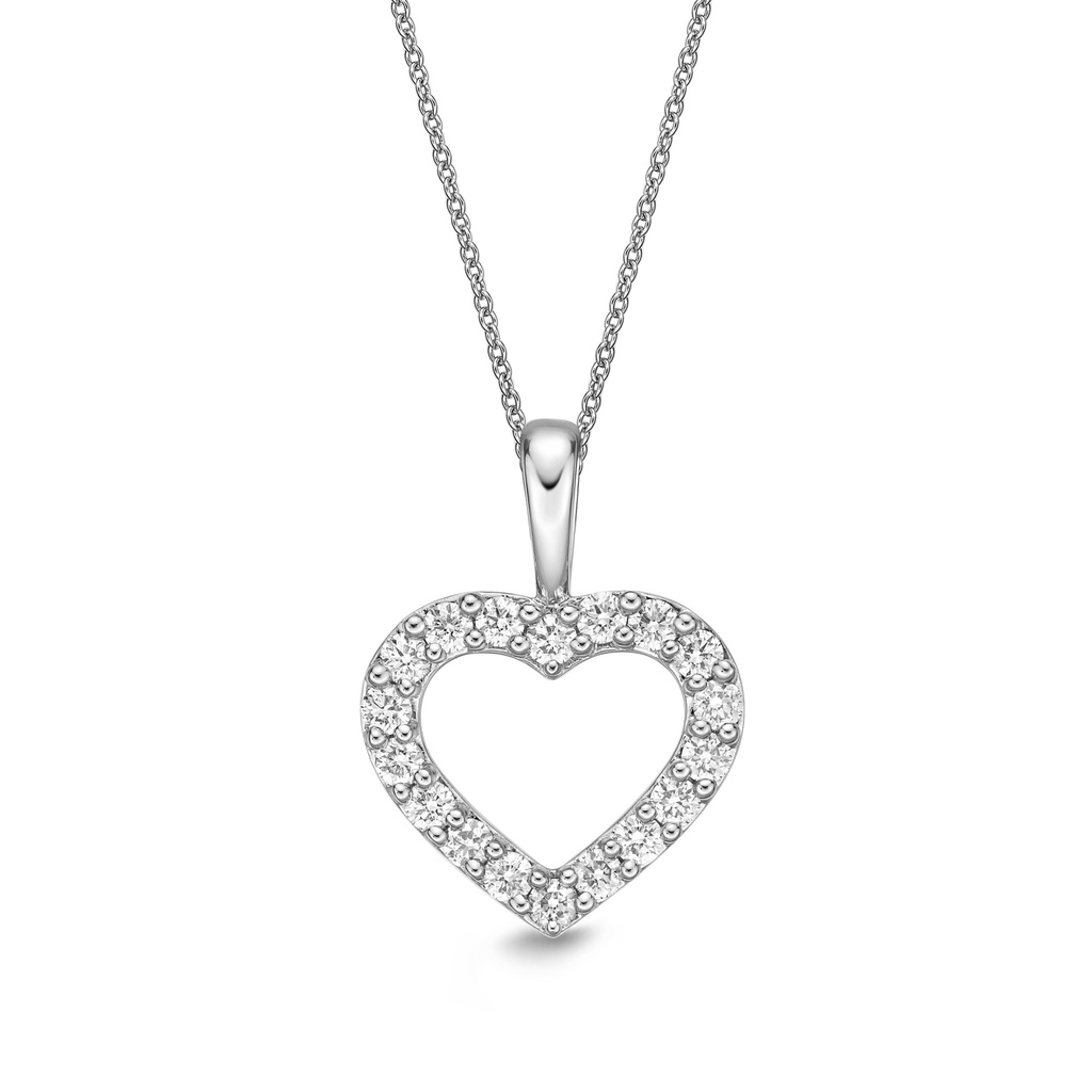 18Kt White Gold Open Heart Necklace With (18) Round Diamonds Weighing 0.13cttw