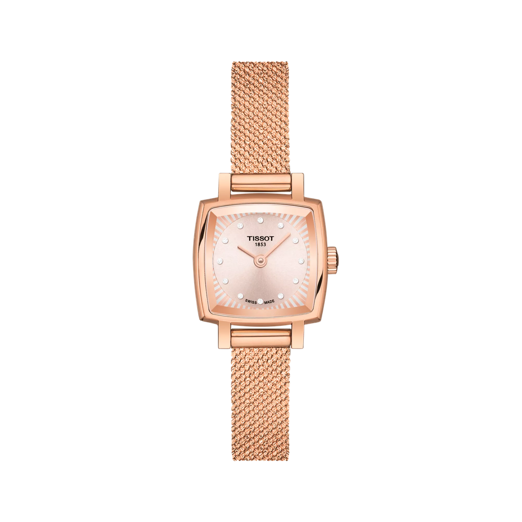[T058.109.33.456.00] 20mm Lovely Square Rose Tone Stainless Steel Quartz Watch With Round Diamonds Weighing 0.03cttw