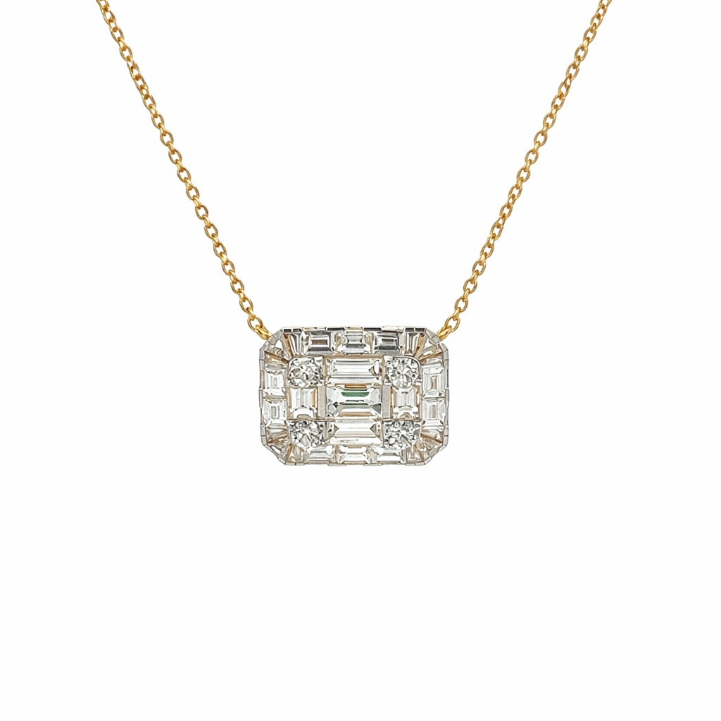 [22758] 18Kt Yellow Gold Pendant Necklace With Round Diamonds Weighing 0.18ct And Baguette Diamonds Weighing 1.23ct 
