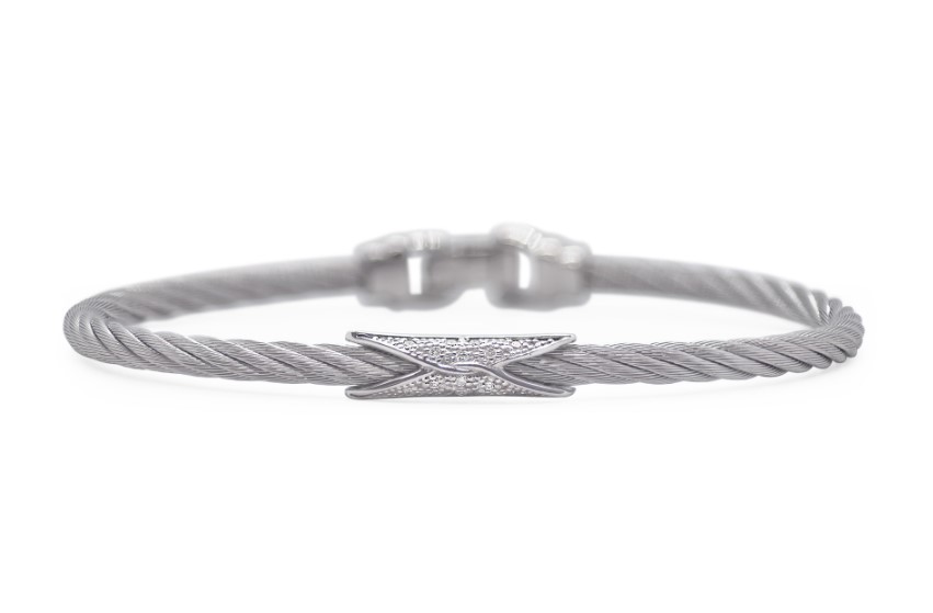 14Kt White Gold Grey Nautical Cable 3mm Hourglass Bangle With (14) Round Diamonds Weighing 0.07cttw