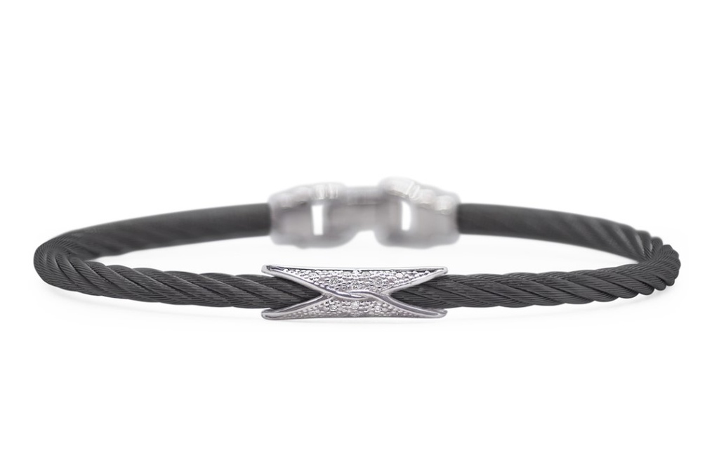 14Kt White Gold Black Nautical Cable Bracelet With Round Diamonds Weighing 0.07cttw