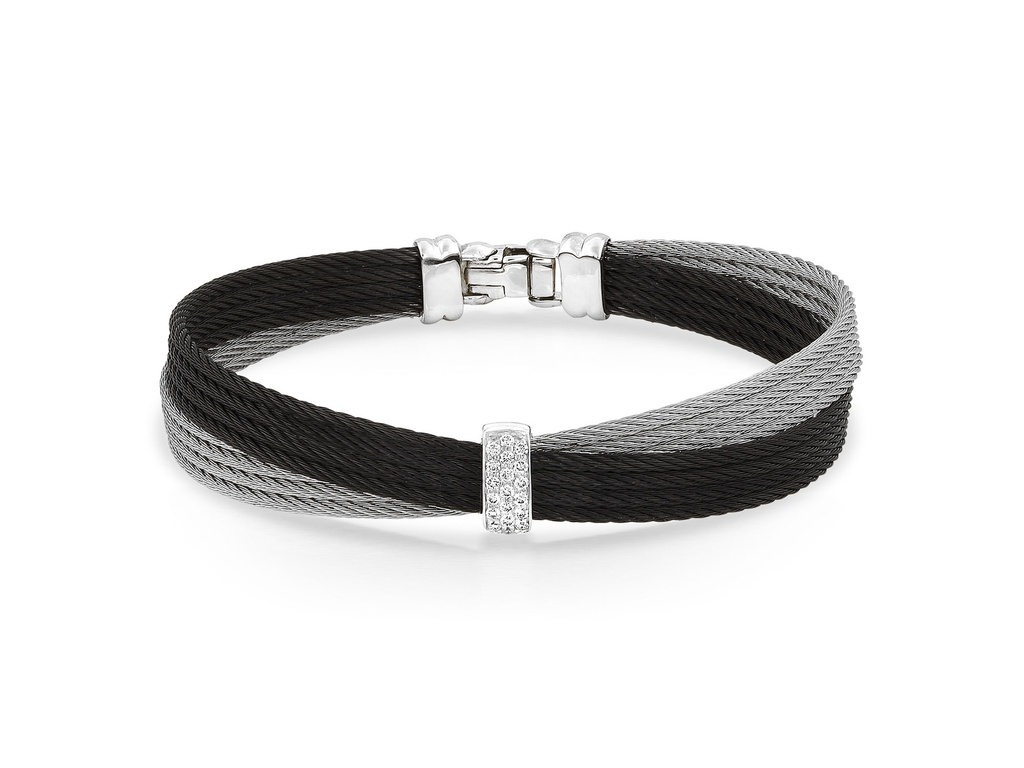 14Kt White Gold Black And Grey Nautical Cable Crossed Bracelet With (19) Round Diamonds Weighing 0.16cttw