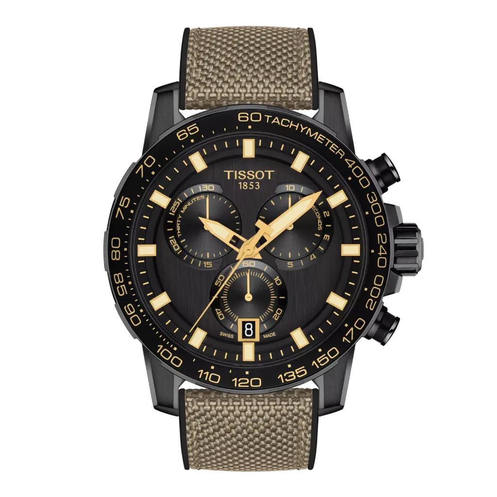 45.5mm Supersport Chrono Quartz Movement Black Dial Watch With A Beige Fabric Strap