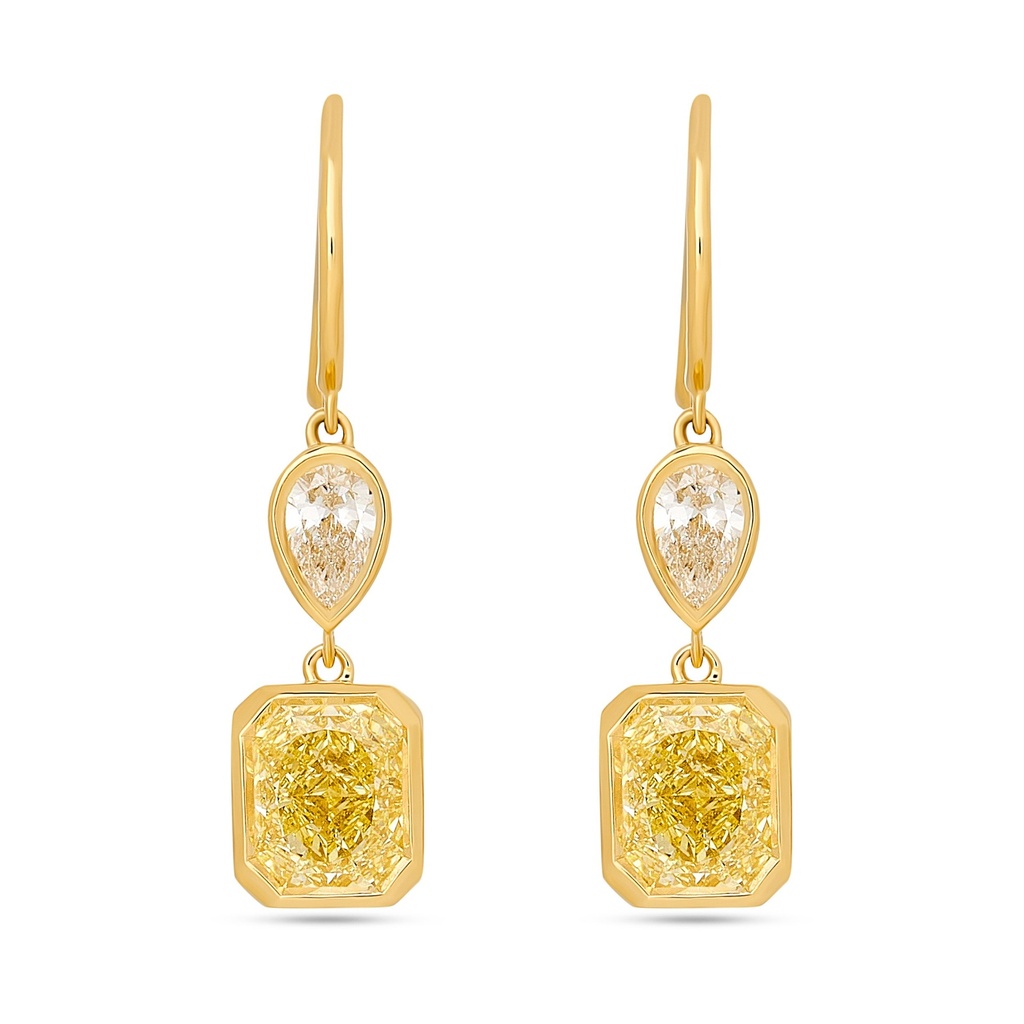 18Kt Yellow Gold Drop Earrings With (2) Radiant Yellow Diamonds Weighing 2.11ct And (2) Pear Shaped Diamonds Weighing 0.44ct