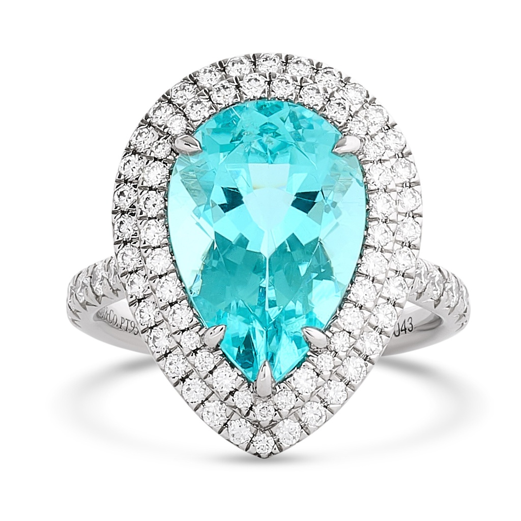 Platinum Halo Style Ring With A Pear Shape Paraiba Tourmaline Weighing 4.51ct And (79) Round Diamonds Weighing 0.60ct
