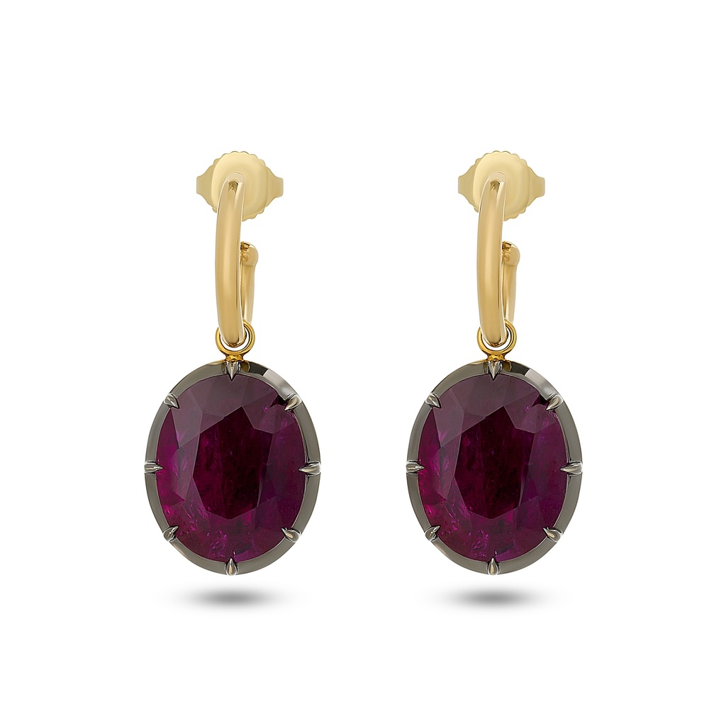 18Kt Yellow And Blackened Gold Dangle Hoops With (2) Oval Rubies Weighing 13.46cttw