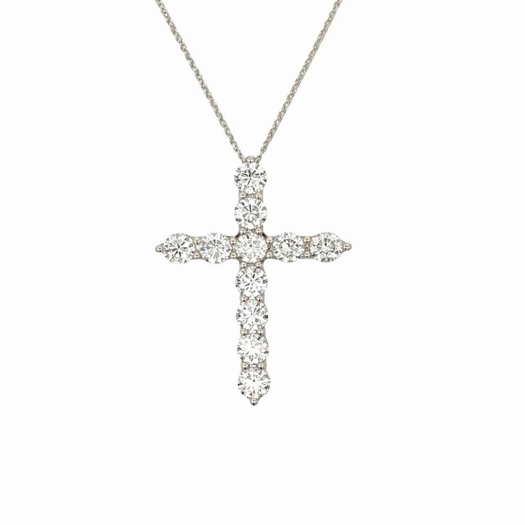 [P058-440-W] 14Kt White Gold Cross Necklace With (11) Round Diamonds Weighing 4.05cttw