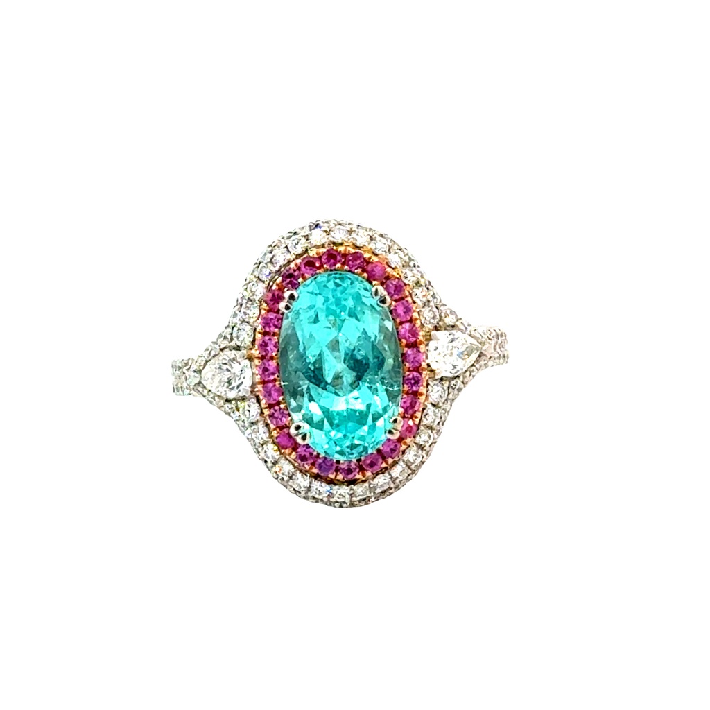 18Kt Two Toned Ring With A Paraiba Tourmaline Weighing 3.81ct, Diamonds Weighing 1.04ct, And Pink Sapphires Weighing 0.28ct