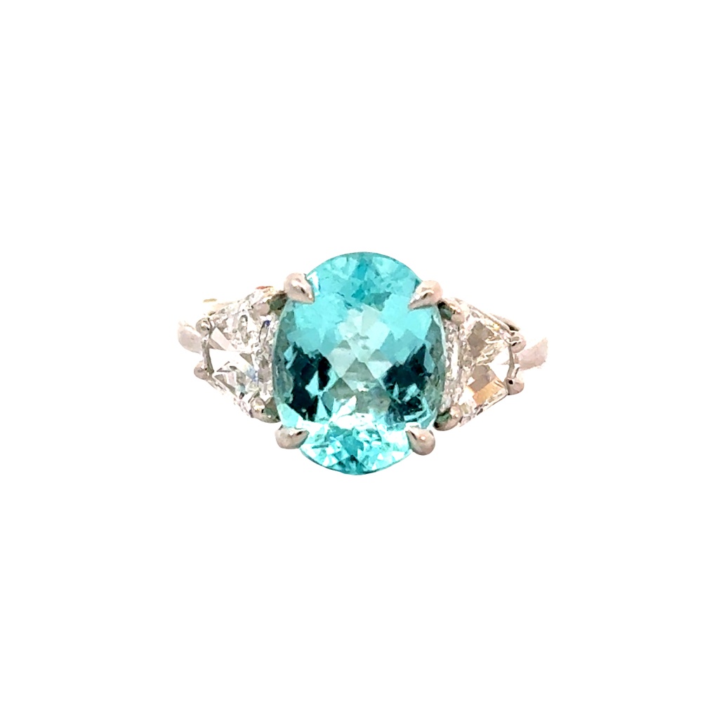 Platinum Three Stone Ring With A Paraiba Tourmaline Weighing 3.84ct And (2) Shield Diamonds Weighing 0.93ct