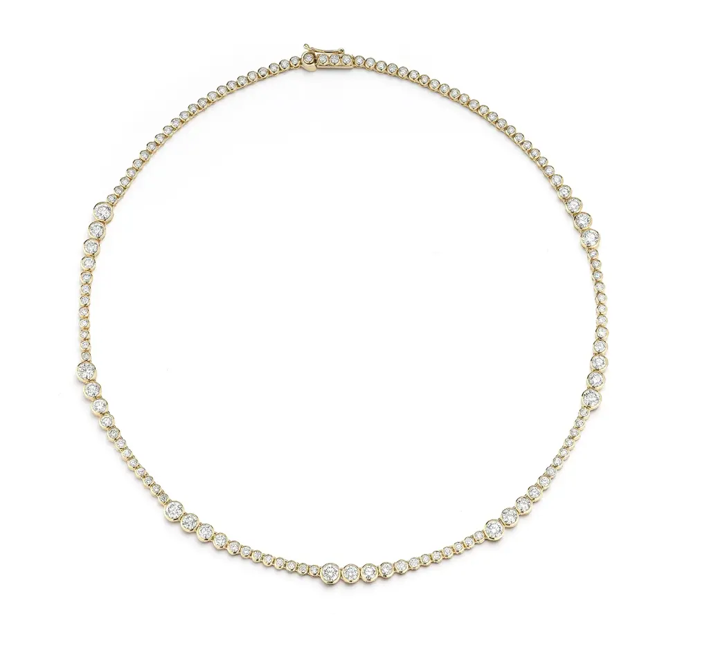 18Kt Yellow Gold Grand Rainsun Tennis Necklace With Round Diamonds Weighing 7.13cttw